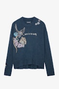 Markus Cashmere Jumper - Women’s blue cashmere jumper with motifs and the slogans “Art is truth” and “La quintessence de l’amour”.