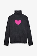 Alma Jumper - Women’s grey merino wool jumper with mock neckline and intarsia jacquard heart.