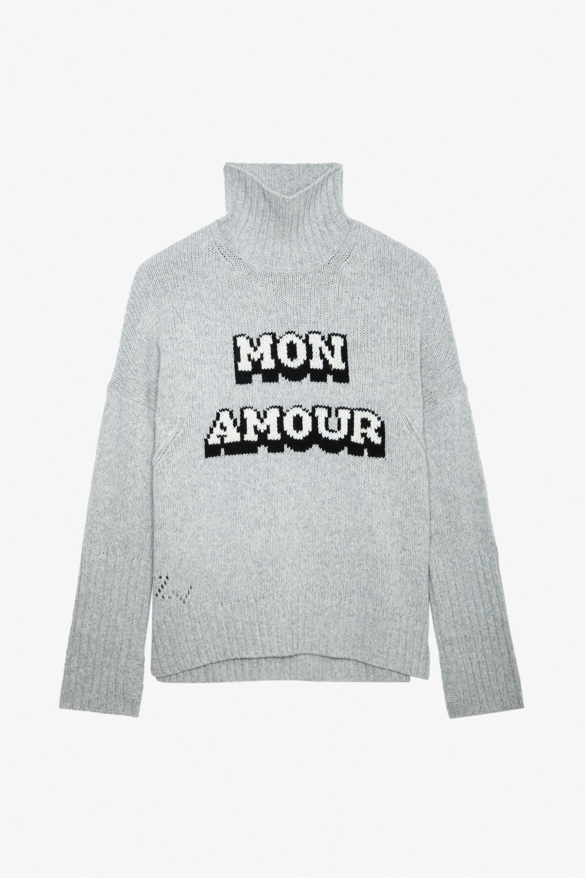 Jersey Alma Mon Amour - Jersey gris de lana merina con cuello alto y mensaje «Mon Amour» de jacquard intarsia para mujer.