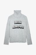 Alma Mon Amour Jumper - Women’s grey merino wool jumper with mock neckline and intarsia jacquard “Mon Amour” slogan.