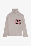 Blee 25 Jumper - Women’s beige merino wool jumper with mock neckline and intarsia jacquard “25” slogan.
