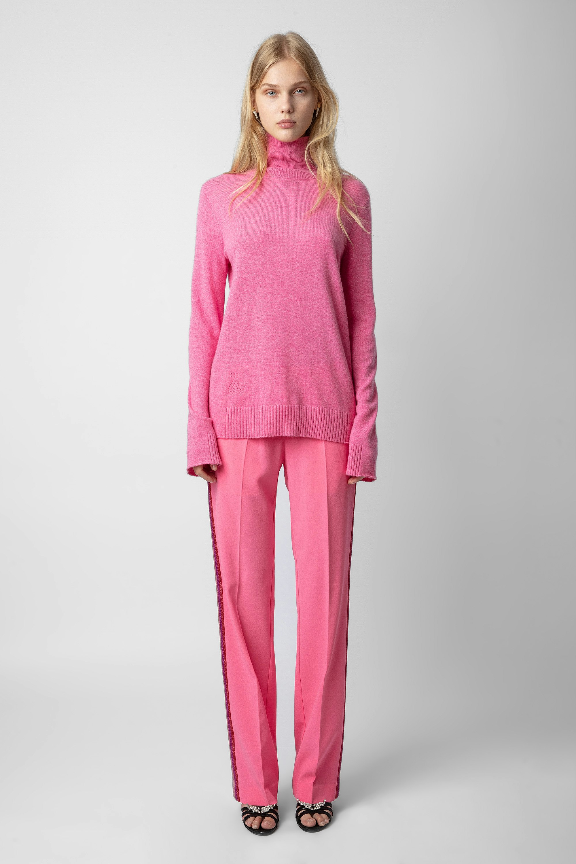 Ginny Patch Cashmere Jumper - Women’s pink cashmere jumper with mock neckline and star patches on the sleeves.