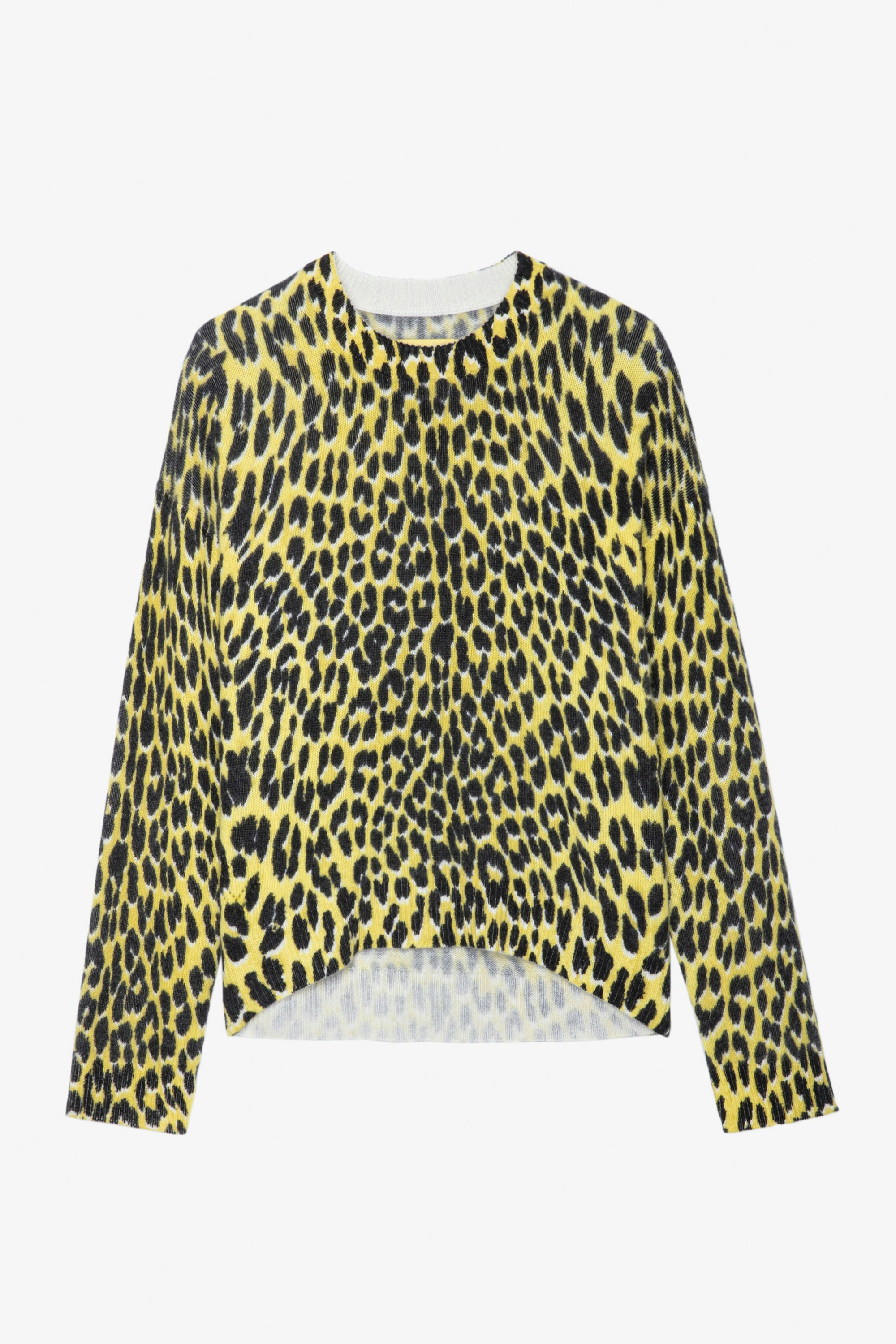 Jersey de cachemira con efecto leopardo Markus - Jersey amarillo de cachemira con estampado de leopardo para mujer.