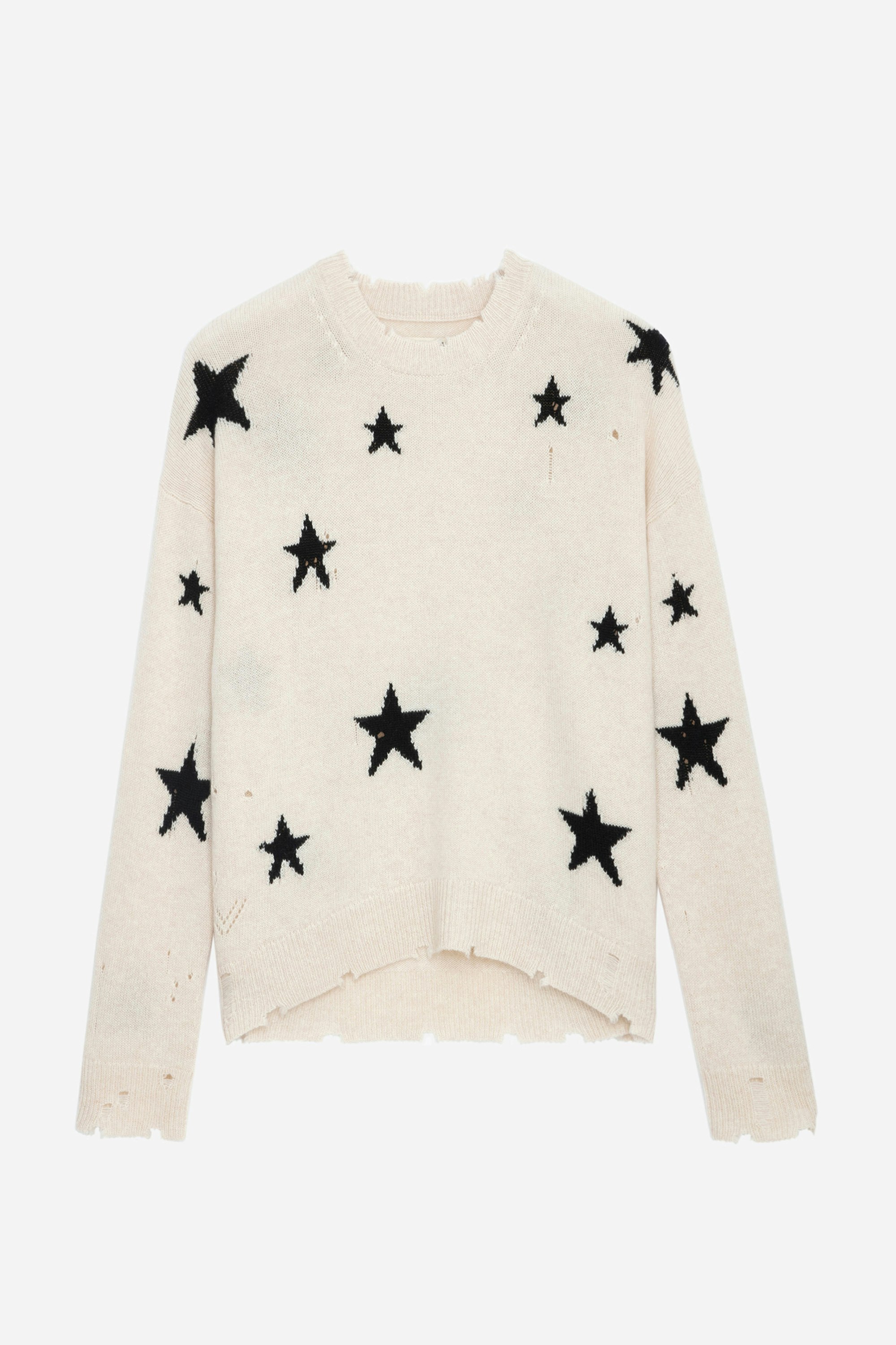 Markus Stars Cashmere Jumper - unisex’s ecru cashmere jumper with destroy detailing and intarsia jacquard star motifs.