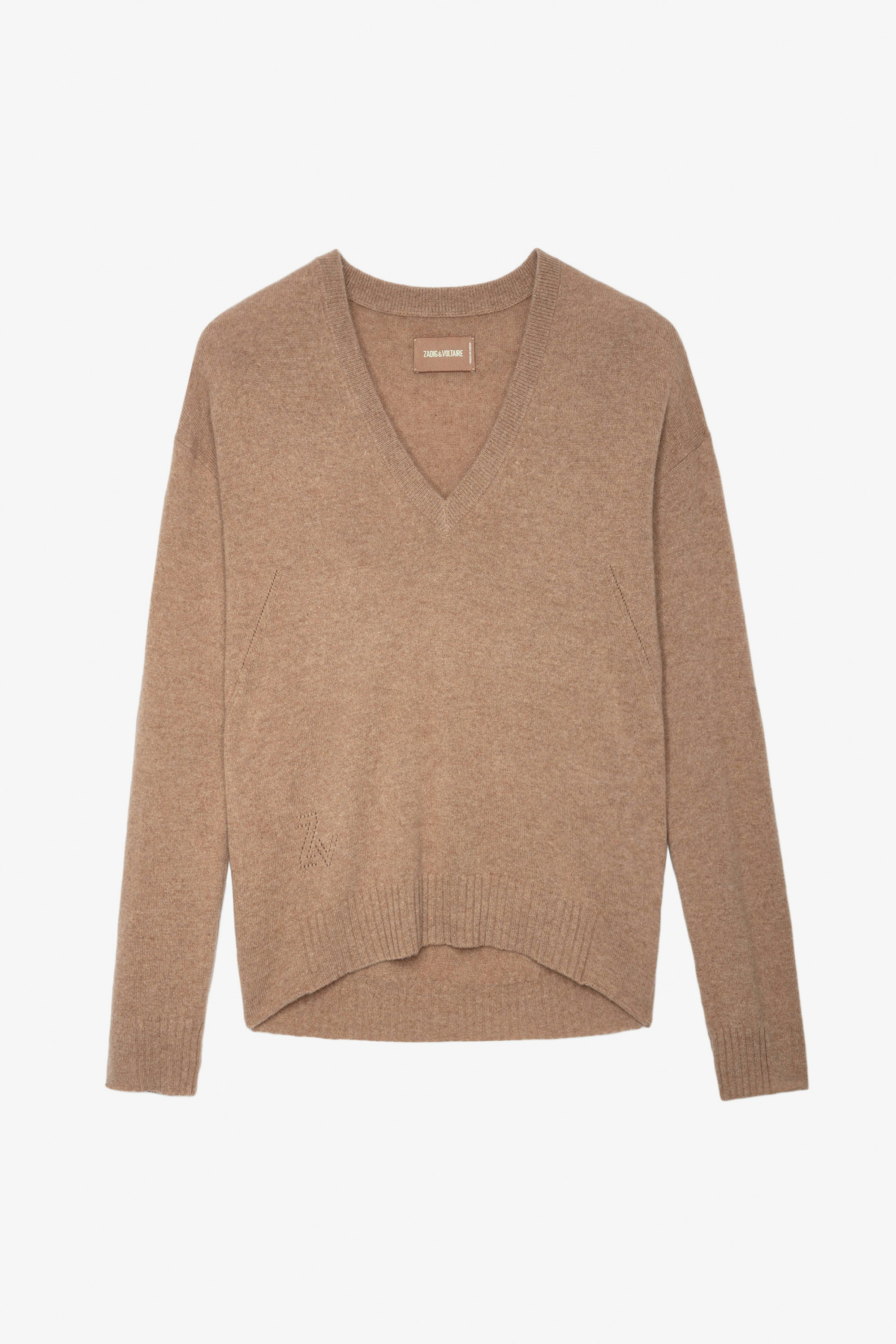 Vivi Patch Cashmere Sweater - Women’s camel cashmere sweater with star patches on the elbows.