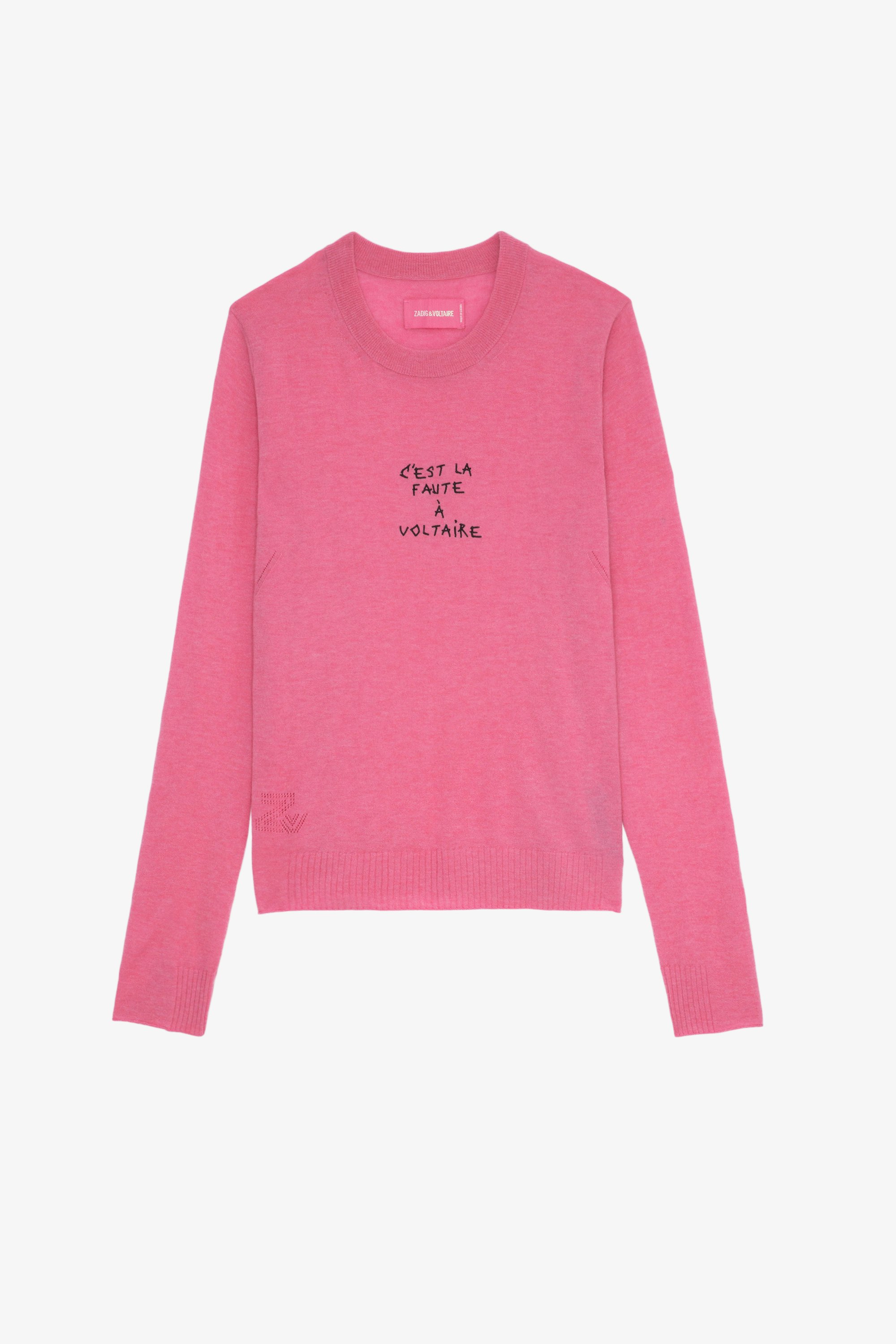 Miss Cashmere Jumper Women’s pink feather cashmere jumper with “C’est la faute à Voltaire” embroidery.