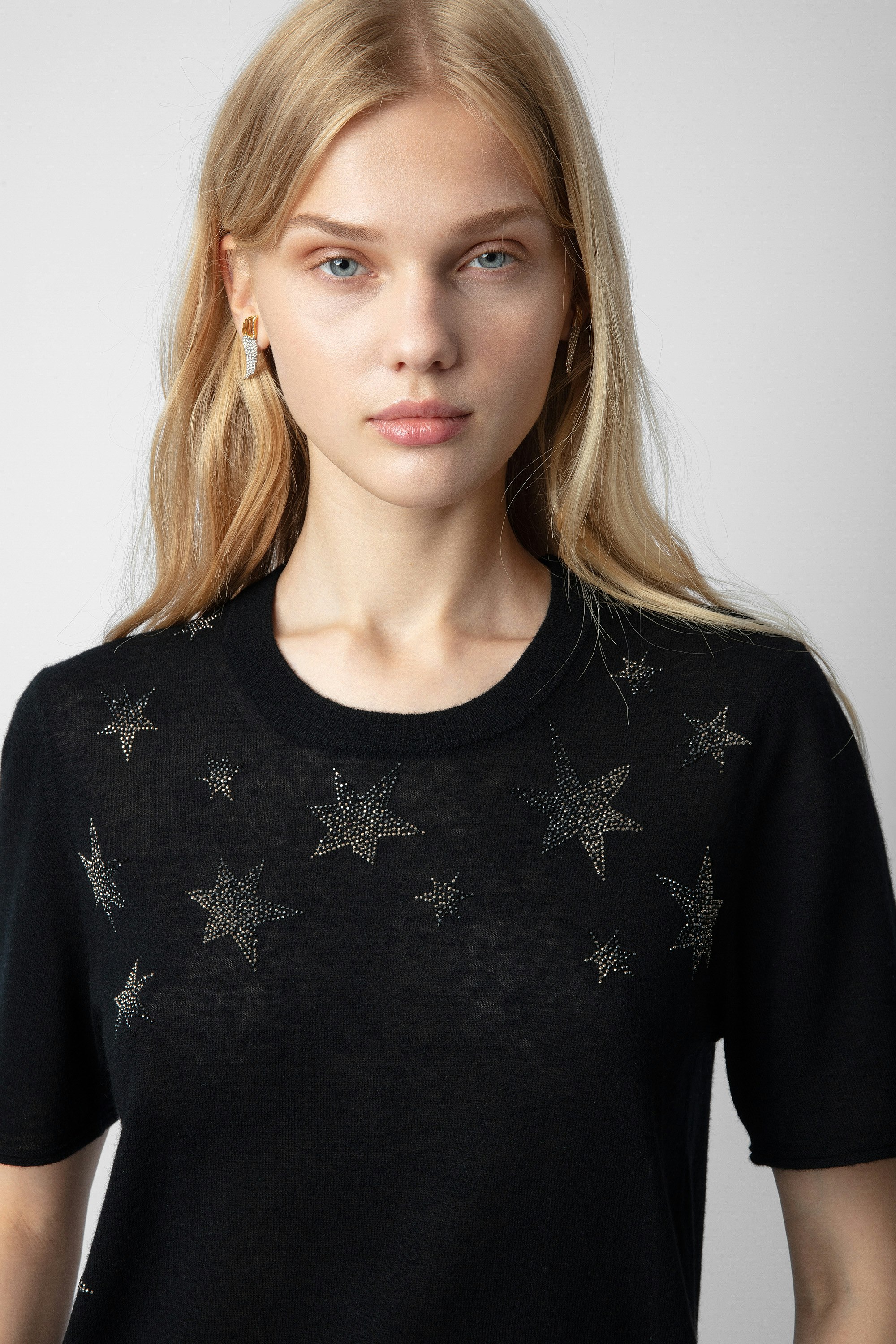 Ida Stars Strass Cashmere Sweater  - Women’s black feather cashmere sweater with diamanté stars.