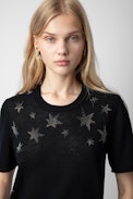 Ida Stars Strass Cashmere Sweater  - Women’s black feather cashmere sweater with diamanté stars.
