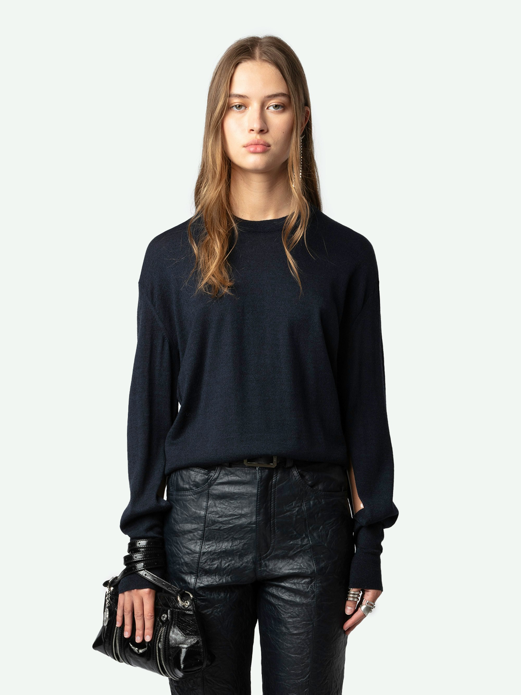 Emmy Sweater - Navy blue merino wool round-neck jumper with long sleeves featuring a cut-out.