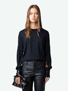Emmy Sweater - Navy blue merino wool round-neck jumper with long sleeves featuring a cut-out.