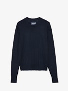 Emmy Sweater - Navy blue merino wool round-neck jumper with long sleeves featuring a cut-out.