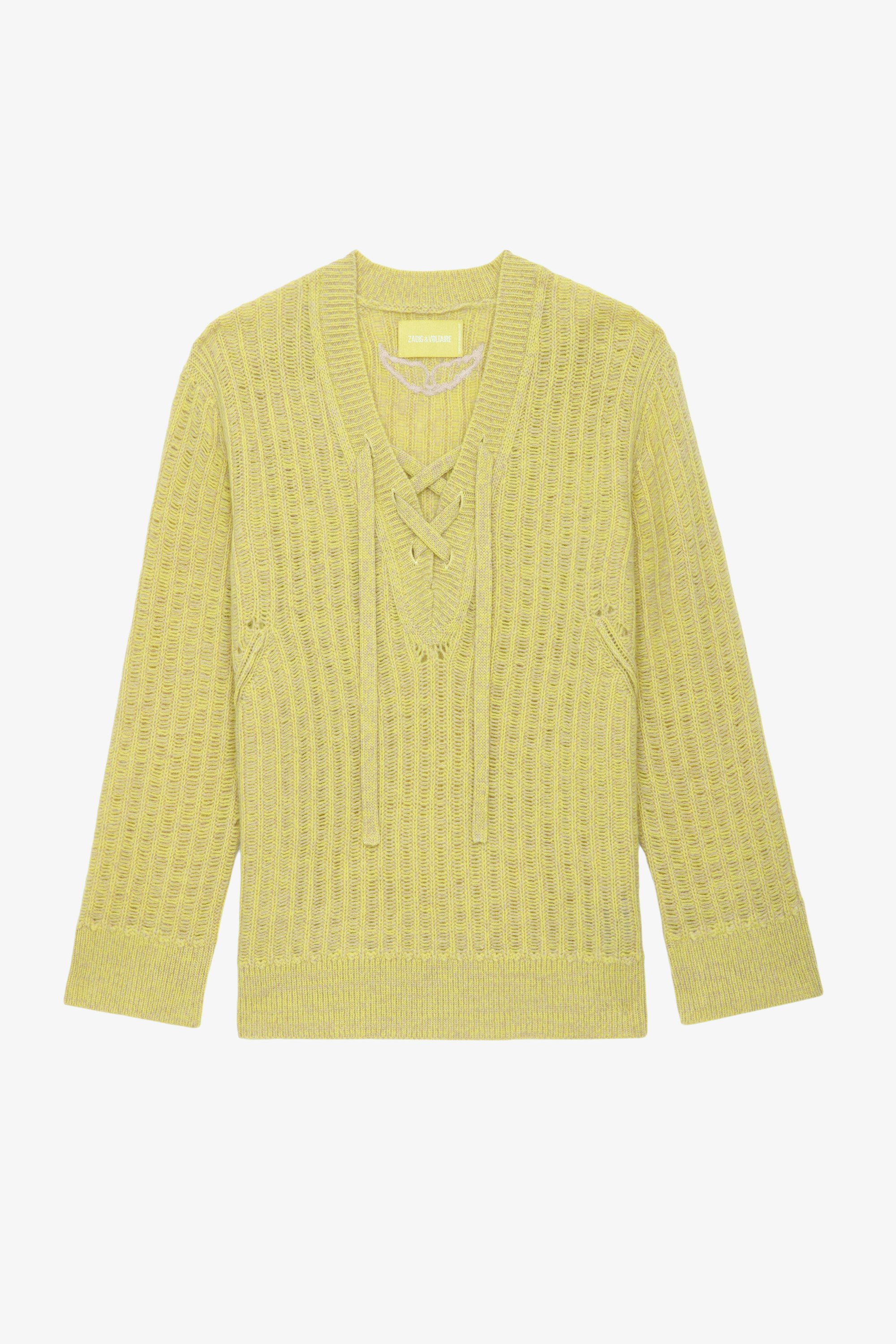 Pull Fanny - Pull ajouré en laine mérinos jaune claire à manches longues et liens de serrage.