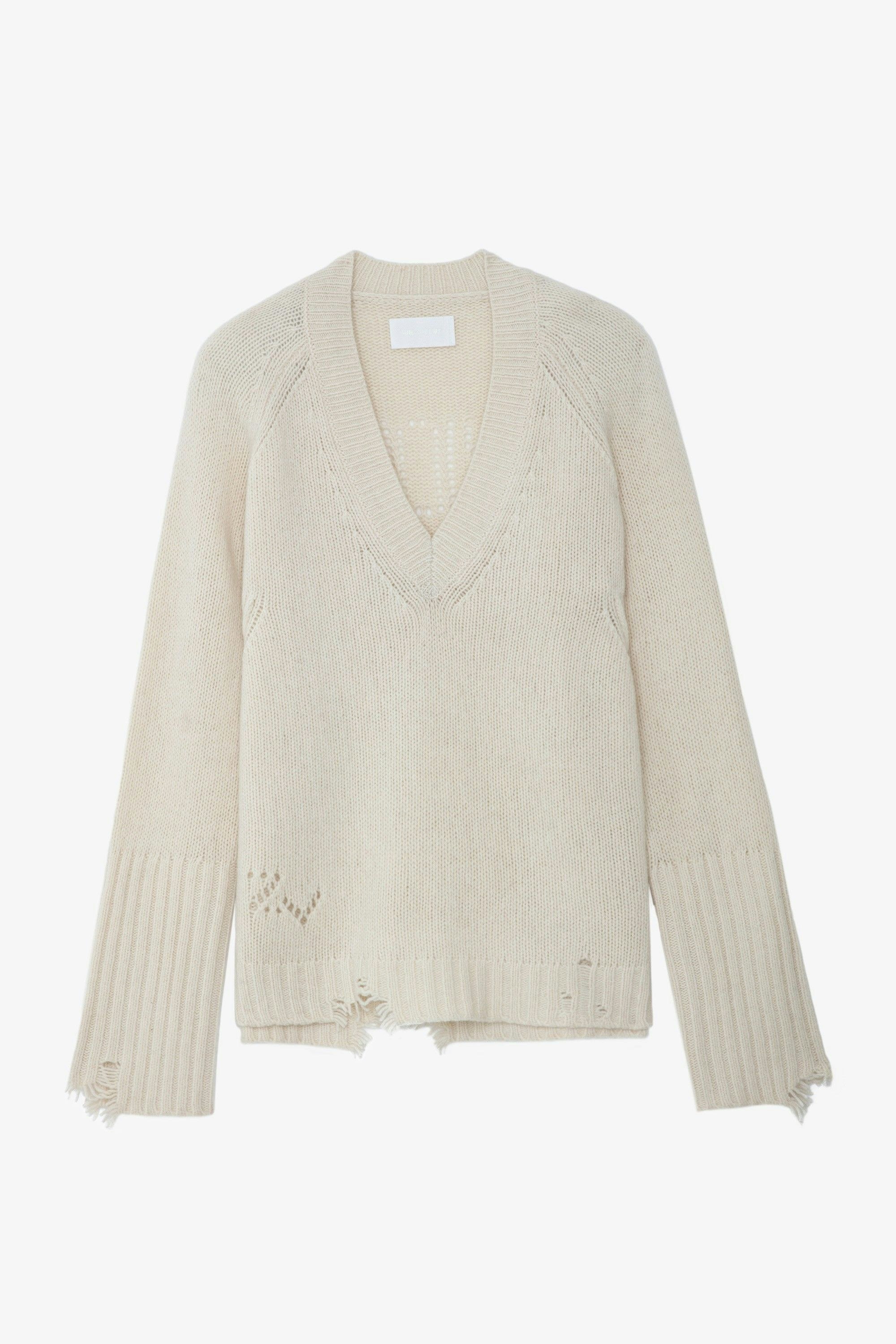 Valma Amour Sweater - Women's white merino wool sweater with pointelle "AMOUR" detail on back.