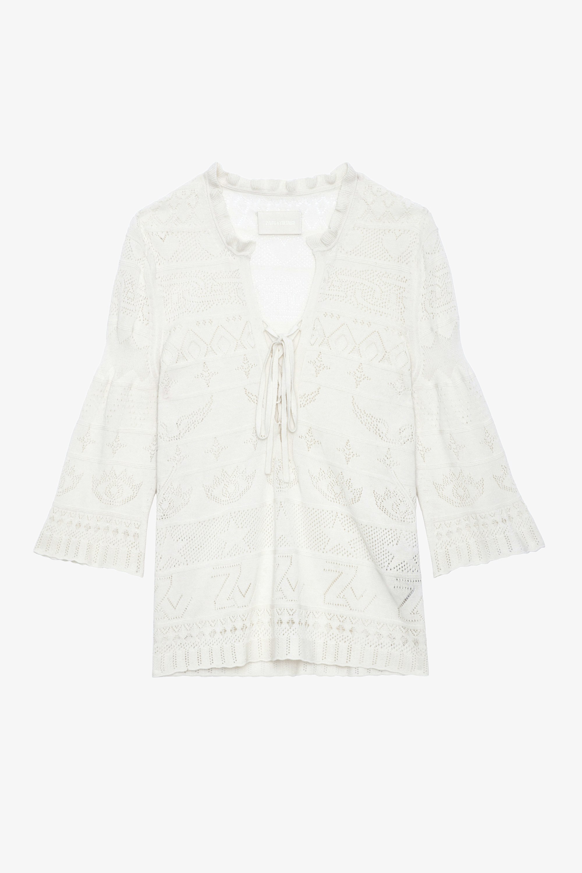 Taho Jumper - Ecru lace cotton jumper with 3/4-length sleeves, openwork motifs and ties.