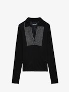 Sally Diamante Cashmere Sweater - Long-sleeved feather cashmere sweater with polo V-neck and diamante-embellished front panel.