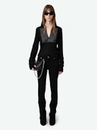 Sally Diamante Cashmere Sweater - Long-sleeved feather cashmere sweater with polo V-neck and diamante-embellished front panel.
