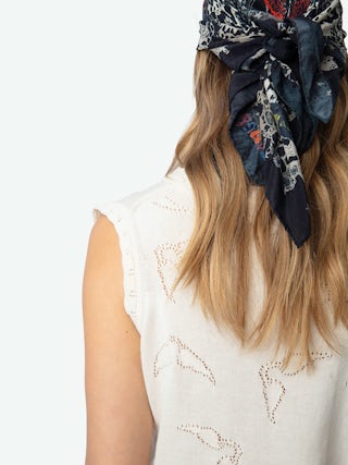 Foulard Blondie Butterfly Lace 65 - Marineblauer Seidenschal mit Schmetterlings- und Spitzendruck.