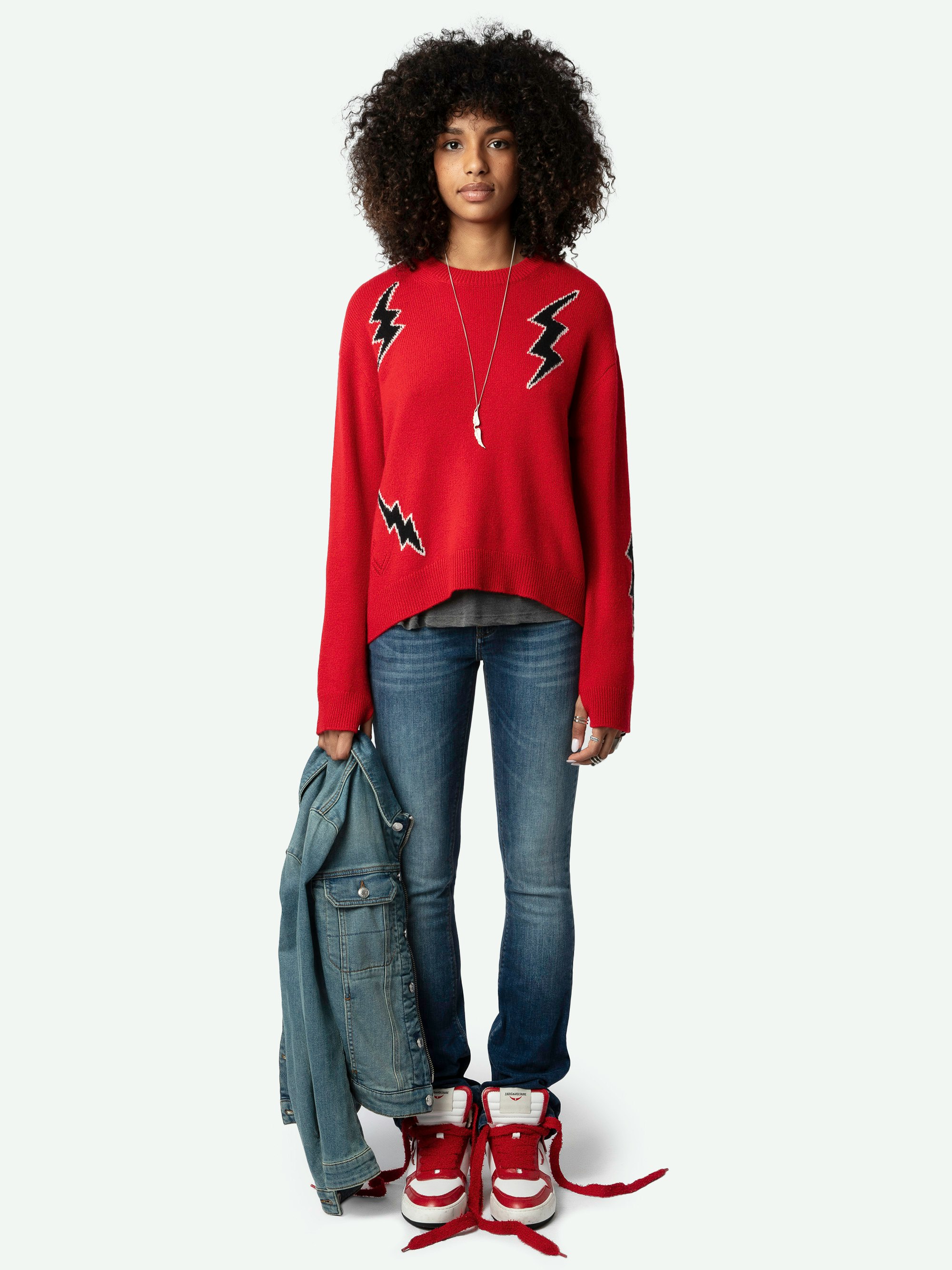 Markus Flashlight Sweater - Long-sleeved, loose-fitting sweater in red cashmere with lightning motifs.