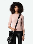 Sourcy Cashmere Sweater - Long-sleeved pink cashmere sweater with contrasting piping.