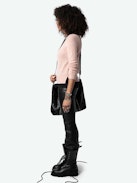 Sourcy Cashmere Sweater - Long-sleeved pink cashmere sweater with contrasting piping.