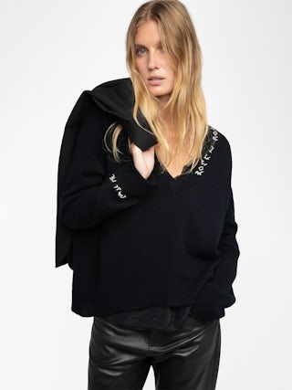 Jumper Mikyz 100% Cashmere - V-neck jumper with long sleeves featuring rock n roll embroidery on the neckline.