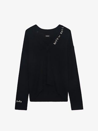 Jumper Mikyz 100% Cashmere - V-neck jumper with long sleeves featuring rock n roll embroidery on the neckline.