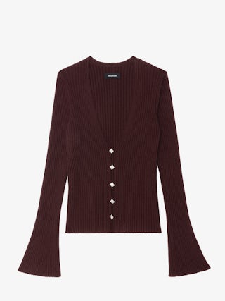 Lyana Sweater - Merino wool top with shirt collar, long sleeves, diamanté jewel buttons and wings on the back.