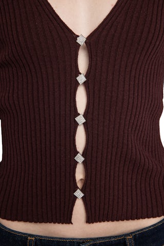 Lyana Sweater - Merino wool top with shirt collar, long sleeves, diamanté jewel buttons and wings on the back.