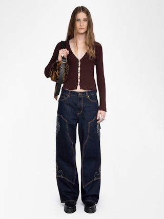 Lyana Sweater - Merino wool top with shirt collar, long sleeves, diamanté jewel buttons and wings on the back.