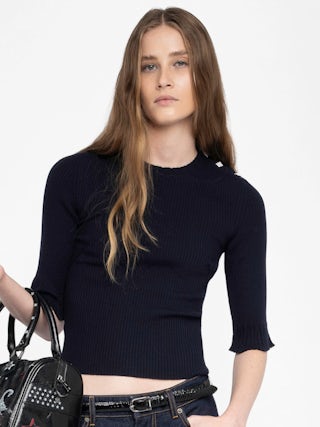 Fobee Sweater - Round neck sweater with jewel buttons and 3/4 sleeves.