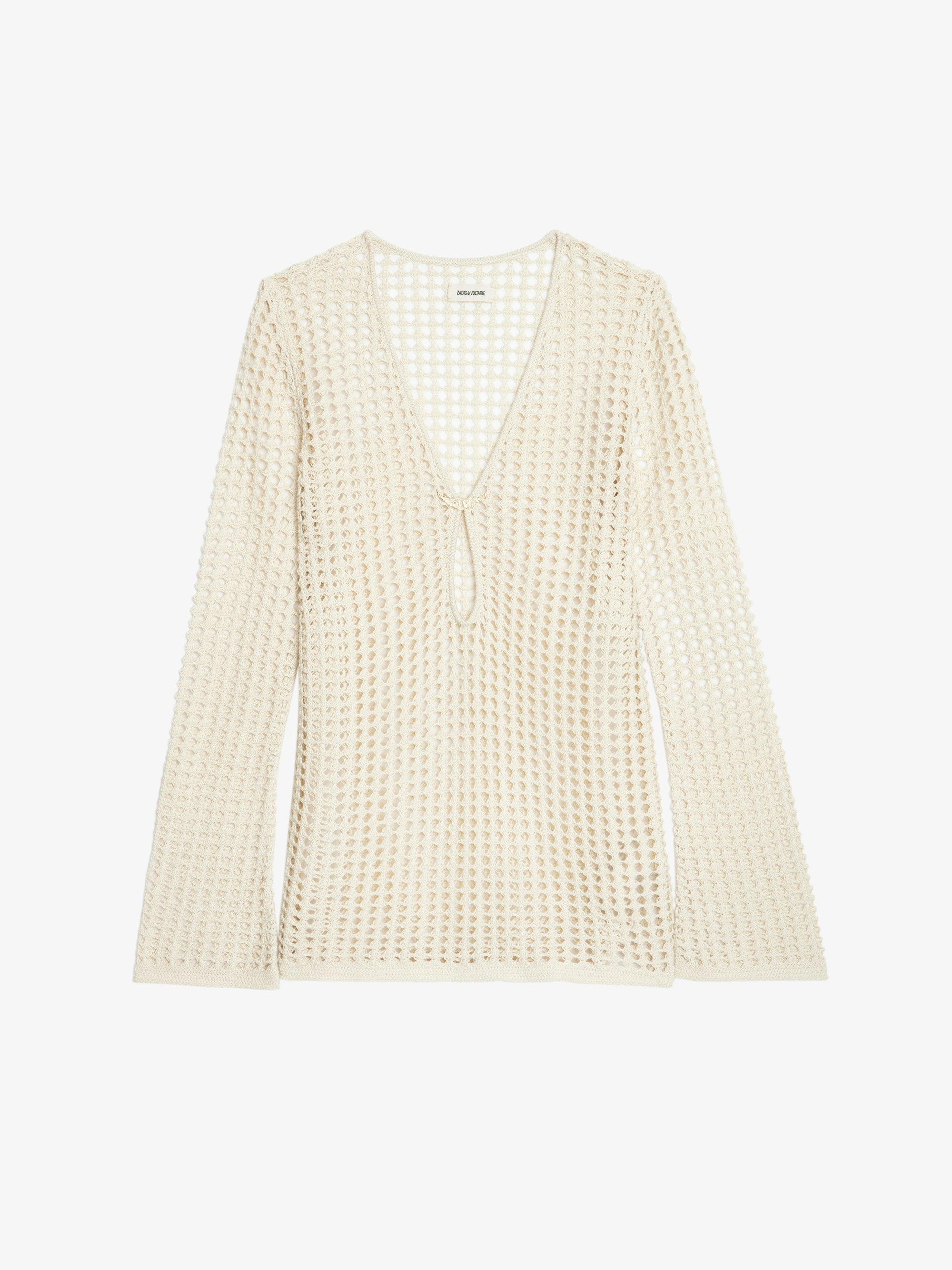 Rany White Crochet Sweater - Crochet sweater with metallic wing clasp and rhinestones.