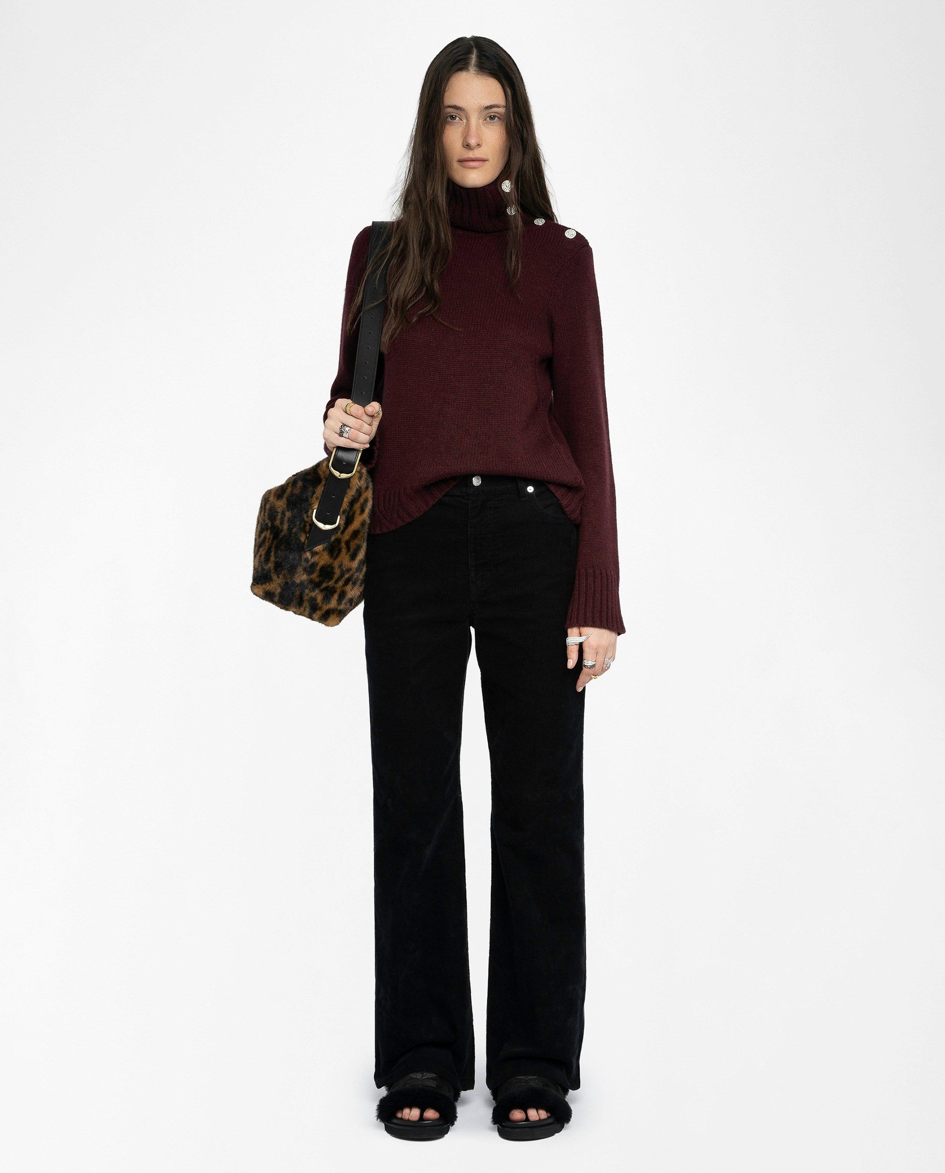 Nalma 100% Cashmere Jumper - Jumper with roll neck and jewel button.