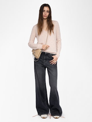 Rivy Diamanté Cashmere Sweater - Long-sleeved feather cashmere sweater with all over diamanté and distressed edges.