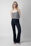 Twista Top - Women’s strapless striped and knotted navy blue wool bustier top.