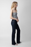 Twista Top - Women’s strapless striped and knotted navy blue wool bustier top.