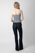 Twista Top - Women’s strapless striped and knotted navy blue wool bustier top.