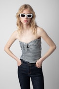 Twista Top - Women’s strapless striped and knotted navy blue wool bustier top.