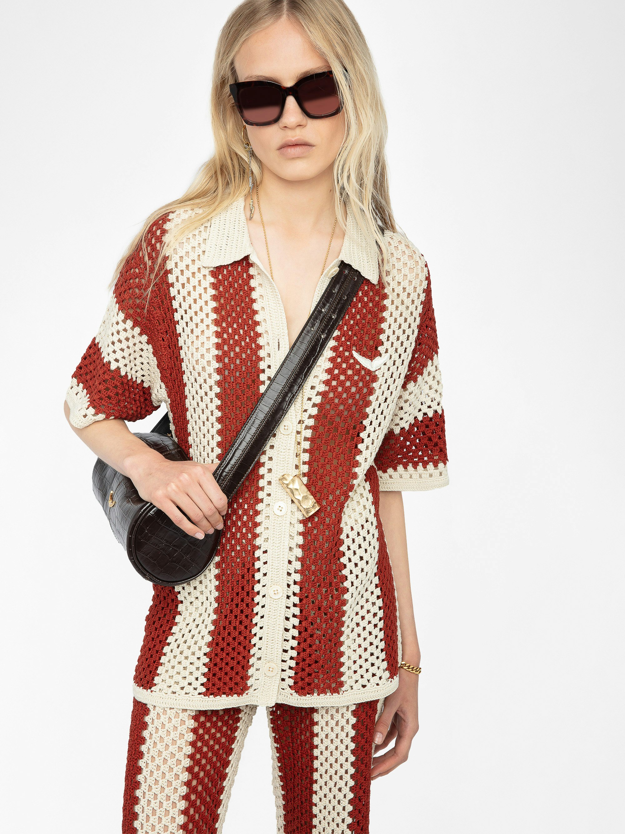 Ciara Striped Crochet Top - Short-sleeved crochet shirt.