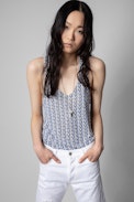 Lee Tank Top Leinen - Women's beige and blue linen tank top with ZV all-over pattern