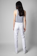 Lee Tank Top Leinen - Women's beige and blue linen tank top with ZV all-over pattern
