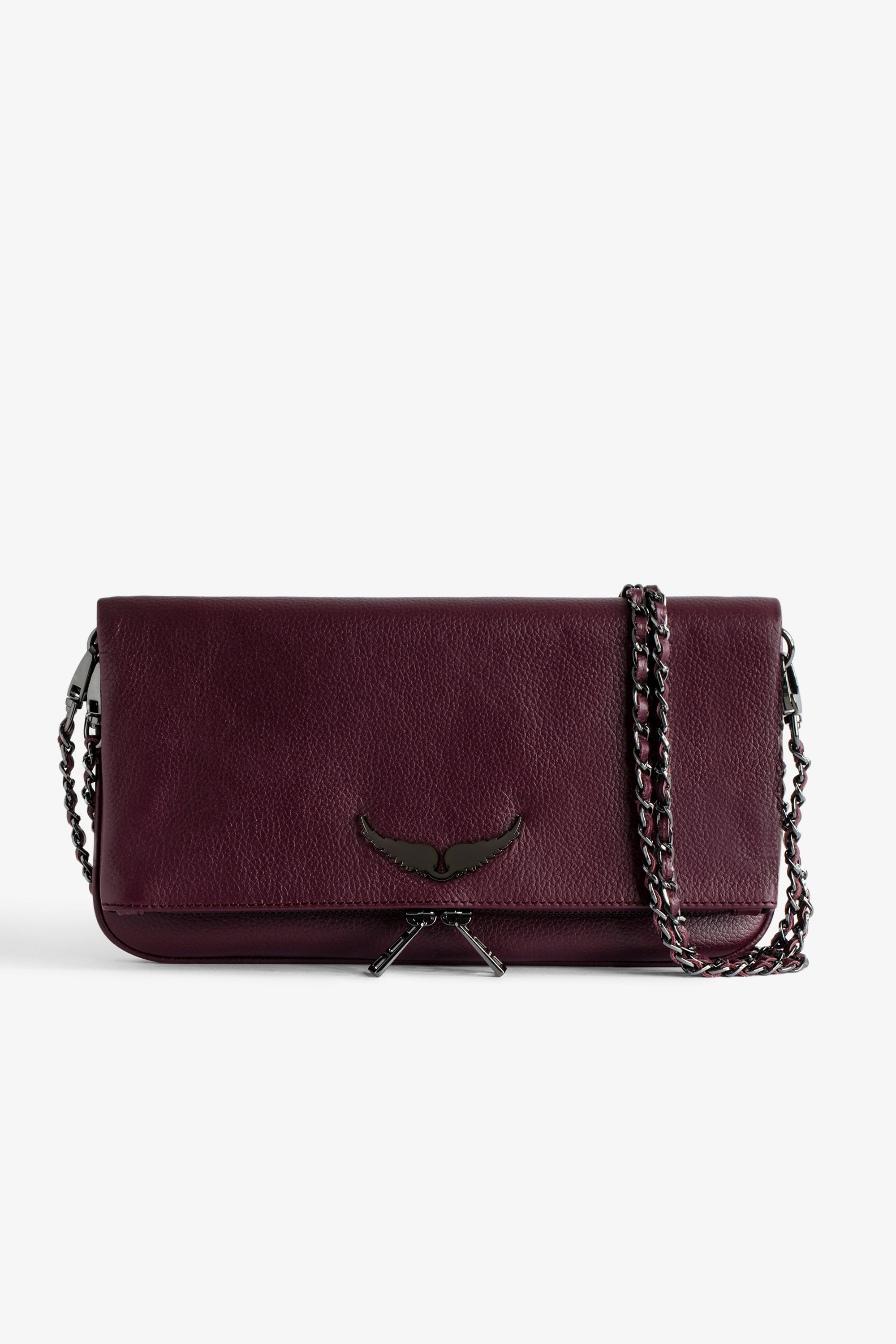 Rock Clutch - Women’s burgundy grained leather clutch with double leather and metal chain strap.