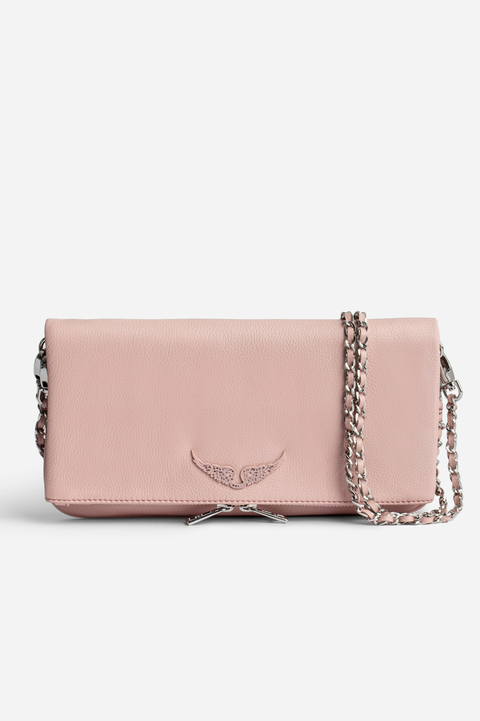 Rock Clutch Women’s light pink grained leather clutch bag with double leather and metal chain strap.