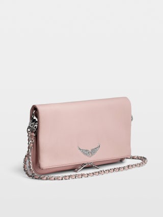 Rock Clutch - Women’s light pink grained leather clutch bag with double leather and metal chain strap.