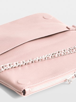 Rock Clutch - Women’s light pink grained leather clutch bag with double leather and metal chain strap.