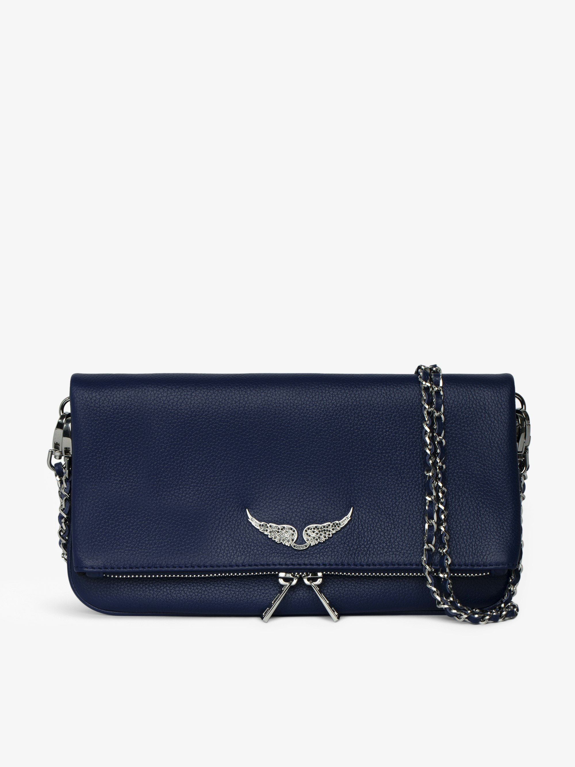 Rock Clutch - Grained leather pochette with double leather and metal chains and rhinestone-embellished wings.
