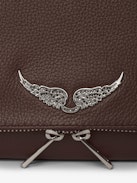 Pochette Rock - Pochette in pelle granata con doppia catena in pelle e metallo e ali ornate di strass.