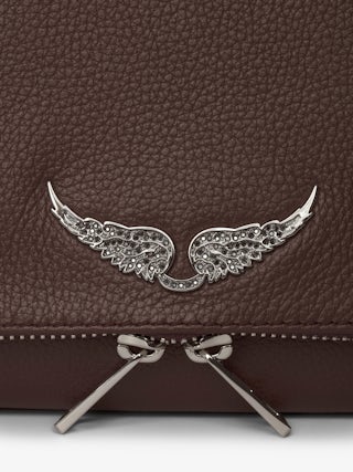 Rock Clutch - Grained leather clutch with double leather and metal chains and rhinestone-embellished wings.