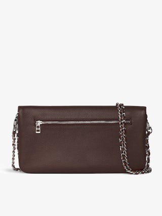Rock Clutch - Grained leather clutch with double leather and metal chains and rhinestone-embellished wings.