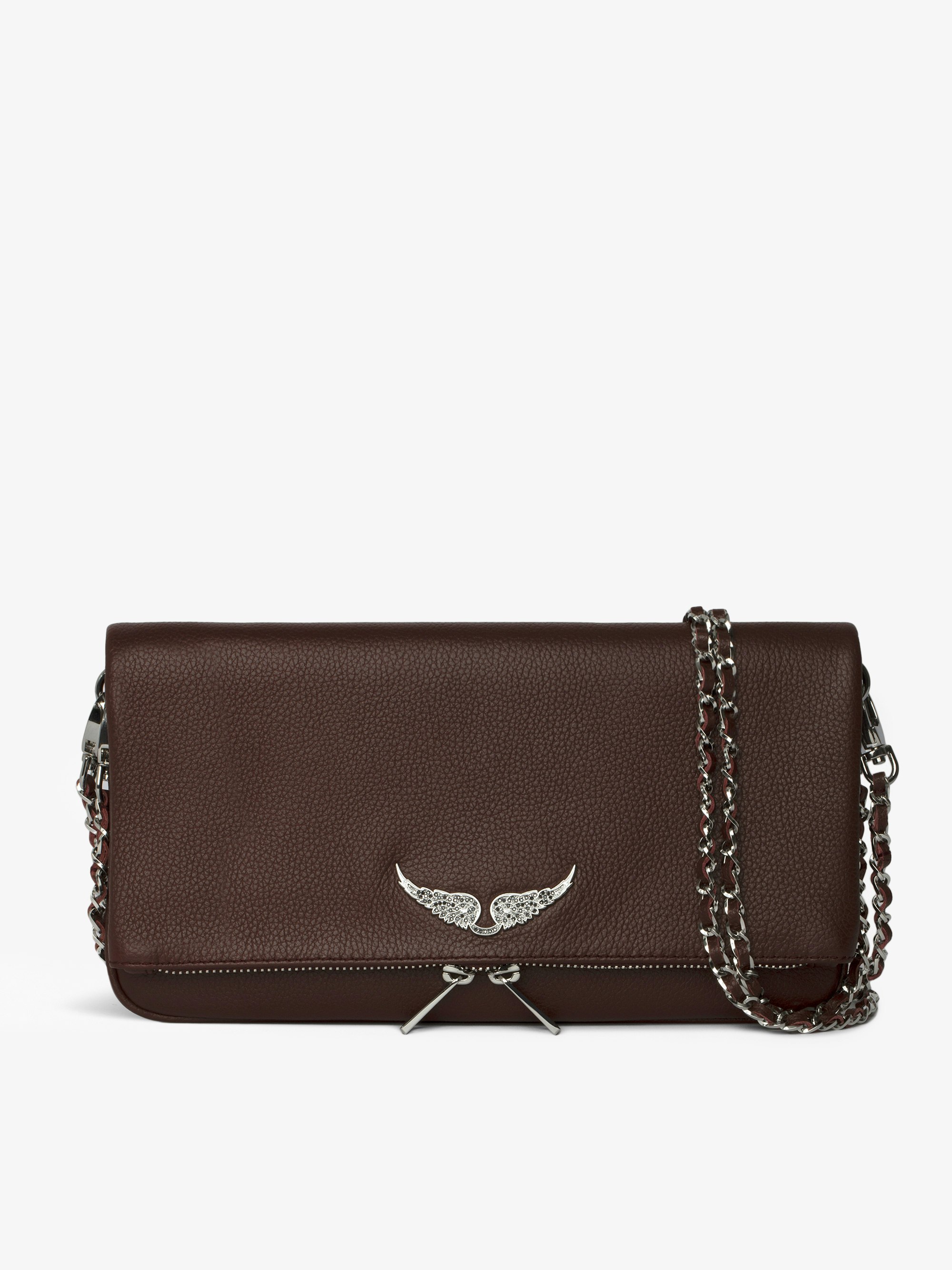 Rock Clutch - Grained leather pochette with double leather and metal chains and rhinestone-embellished wings.