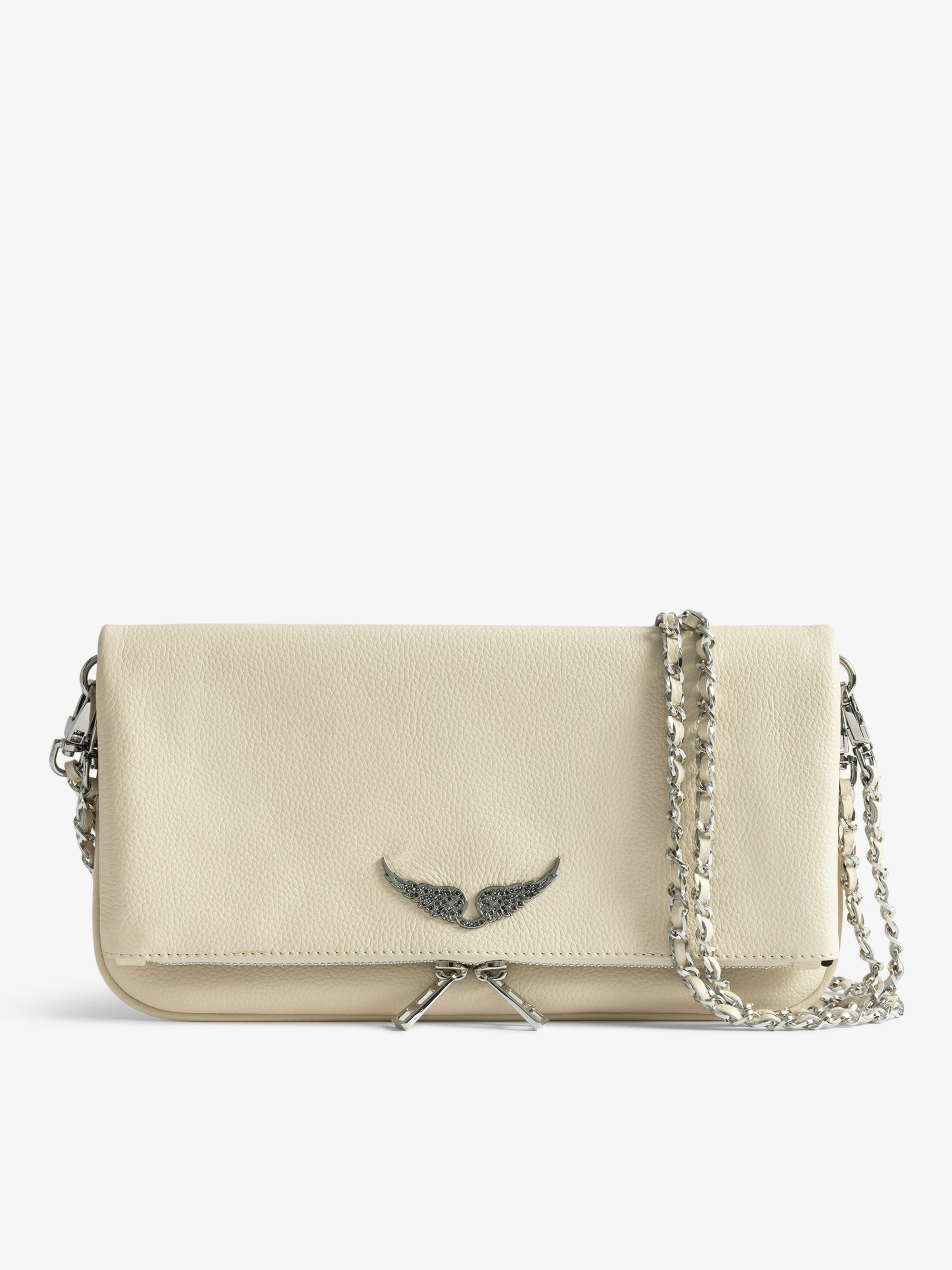 Rock Clutch - Clutch in grained leather with double leather and metal chains and wings adorned with rhinestones.